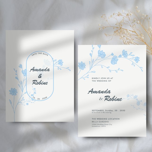 Minimalist Blue Floral Wedding Invitation (Creator Uploaded)