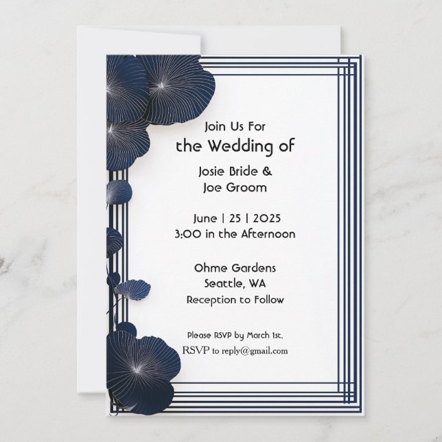 Minimalist blue flower wedding invitation (Front)
