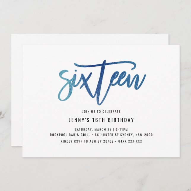 Minimalist Blue Foil 16th Birthday Invitation (Front/Back)
