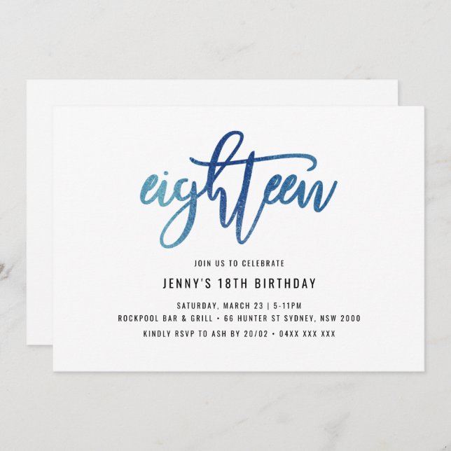 Minimalist Blue Foil 18th Birthday Invitation (Front/Back)