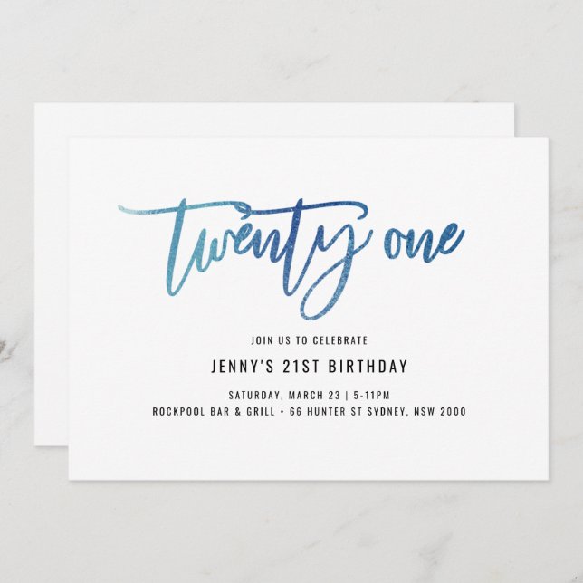 Minimalist Blue Foil 21st Birthday Invitation (Front/Back)