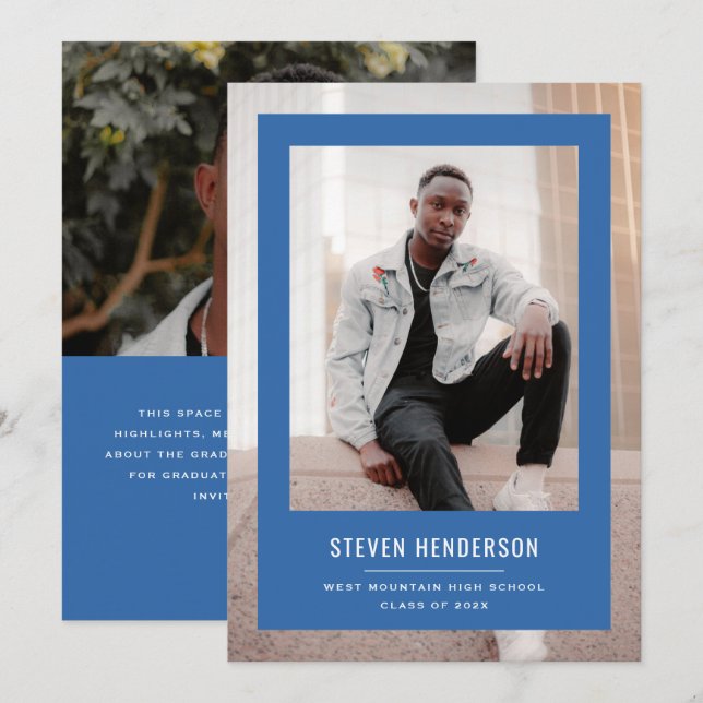 Minimalist Blue Frame Graduation Announcement (Front/Back)