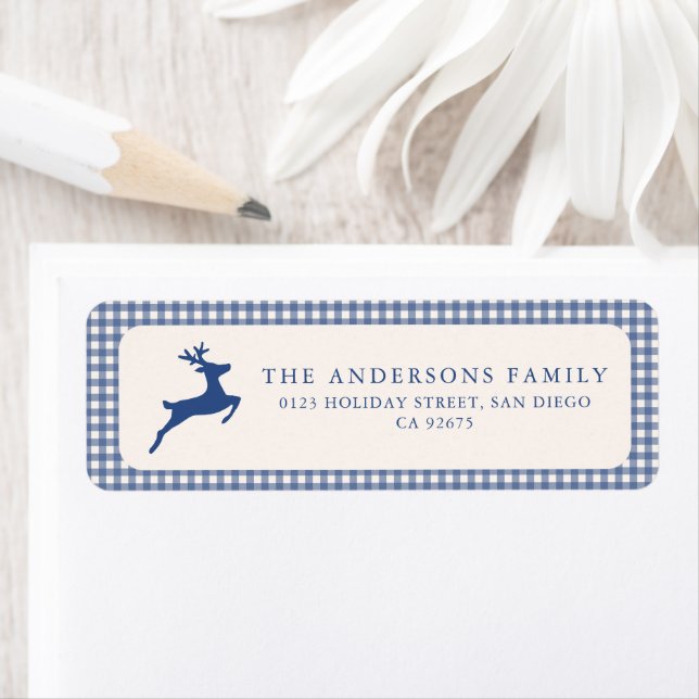 Minimalist Blue Gingham Plaid Deer Return Address (Insitu)
