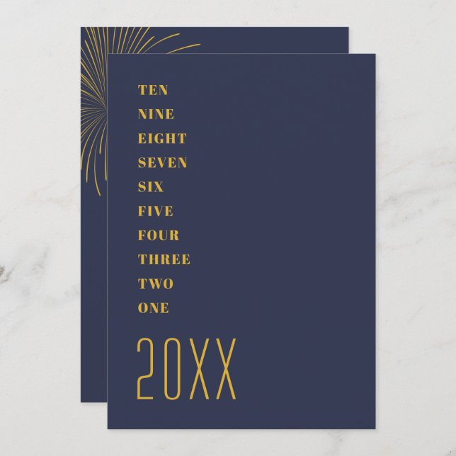 Minimalist Blue Gold New Year's Party Invitation (Front/Back)