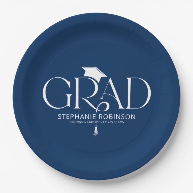 Minimalist Blue Graduation Cap & Tassel Paper Plate (Front)