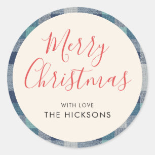 Minimalist Blue Grey Plaid Merry Christmas Classic Round Sticker