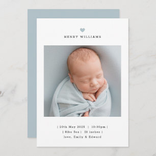 Minimalist Blue Heart Boy Birth Announcement