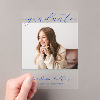Minimalist Blue Lines Graduation Photo Acrylic Invitations