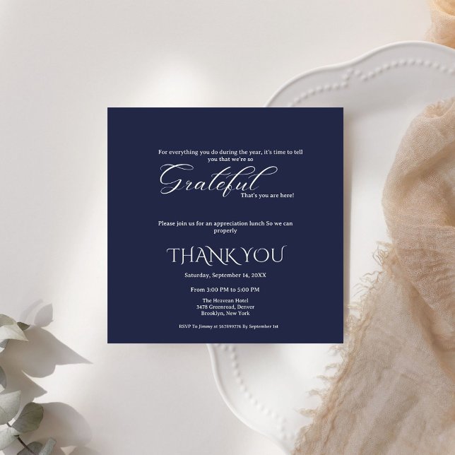 Minimalist blue navy & white script appreciation  invitation (Creator Uploaded)