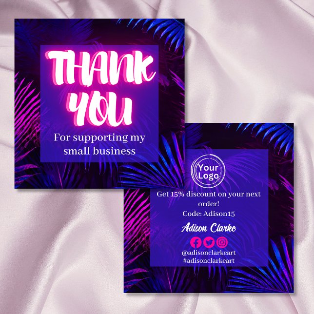 Minimalist Blue Neon Custom Logo Thank You Square Business Card (Creator Uploaded)