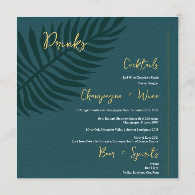 Minimalist Blue Palm Leaf Wedding Drinks Bar Menu (Front)