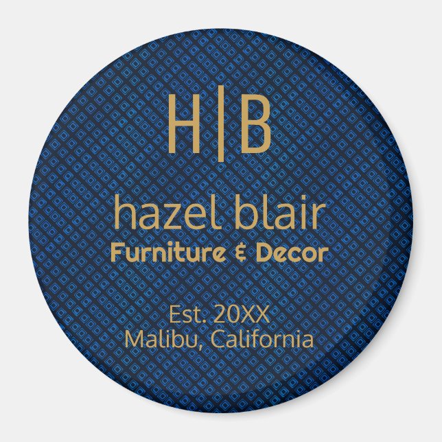 Minimalist Blue Pattern Gold Monogram Business Magnet (Front)