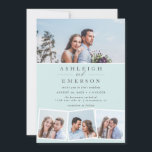 Minimalist Blue Photo Collage Wedding Invitation<br><div class="desc">This wedding invitation features a header photo with a 3 photo collage on the bottom with a white border around them. Your wedding details are displayed in elegant minimalist typography placed against a chic pastel blue background.</div>