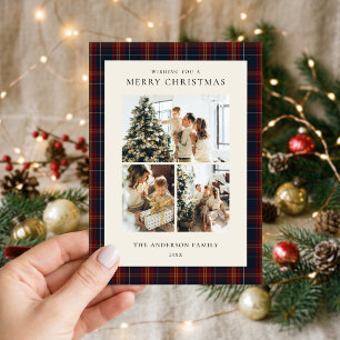 Minimalist Blue Plaid Christmas Photo Collage Holiday Card