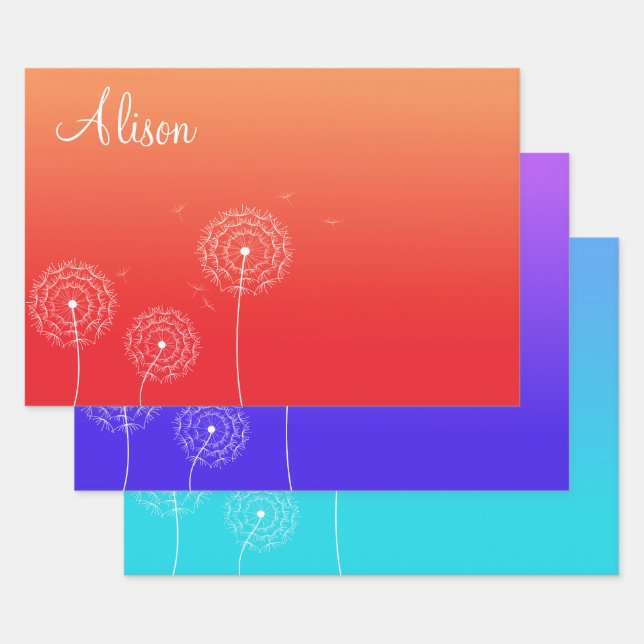 Minimalist Blue Purple Orange Dandelion Seed Name  Wrapping Paper Sheet (Set)