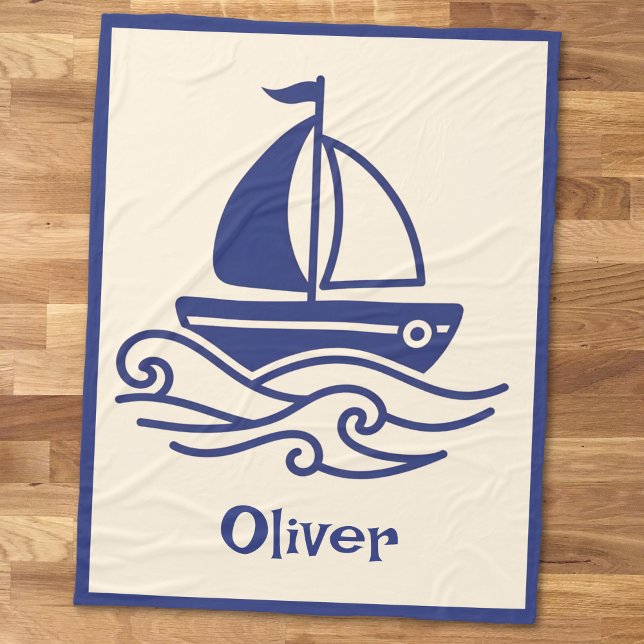Minimalist Blue Sailboat Sailing Maritime Fleece Blanket (Creator Uploaded)