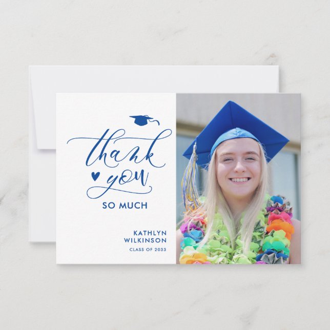 Minimalist Blue Script Photo Graduation Thank You Invitation (Front)