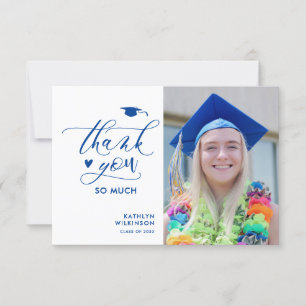 Minimalist Blue Script Photo Graduation Thank You Invitation