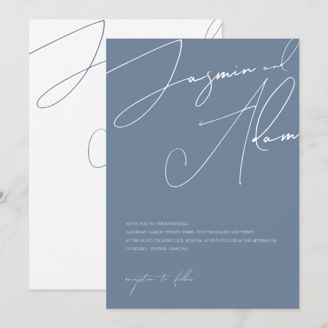 Minimalist Blue Script Typography Wedding Invitation (Front/Back)