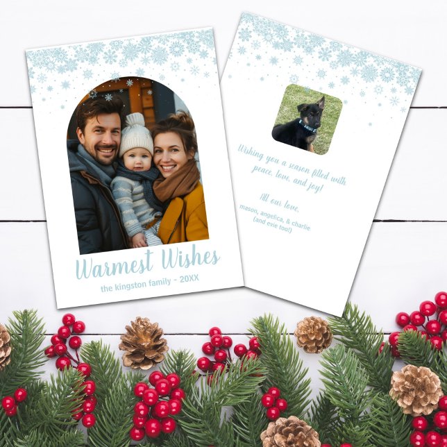 Minimalist Blue Snowflake Arched Photo Holiday Card (Front and Back Minimalist Snowflake Arched Photo Card)