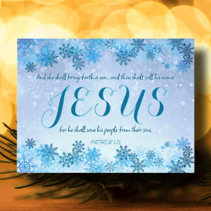 Minimalist Blue Snowflakes Jesus Bible Verse Holiday Postcard