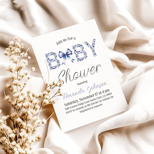 Minimalist Blue Toile de Jouy and Bow Baby Shower Invitation (Creator Uploaded)