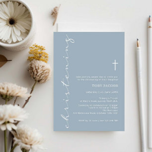 Minimalist Blue Typography Christening Invitation