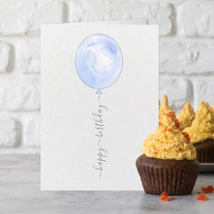 Minimalist Blue Watercolor Balloon Happy Birthday Card