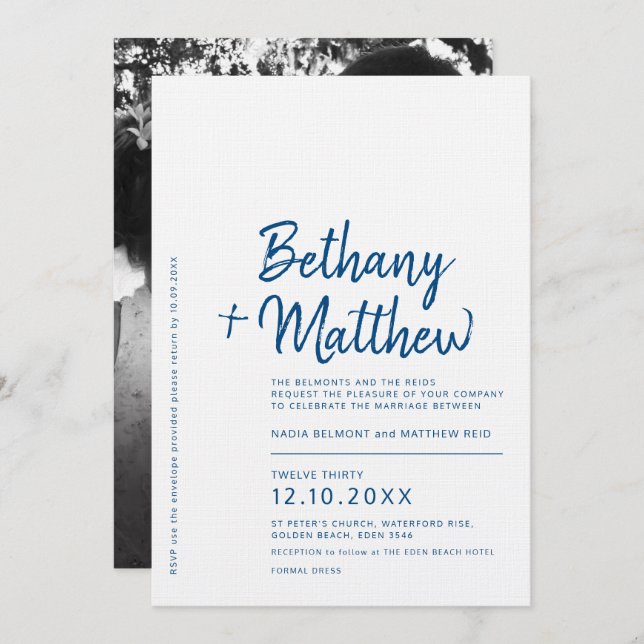 Minimalist blue white calligraphy script wedding invitation (Front/Back)