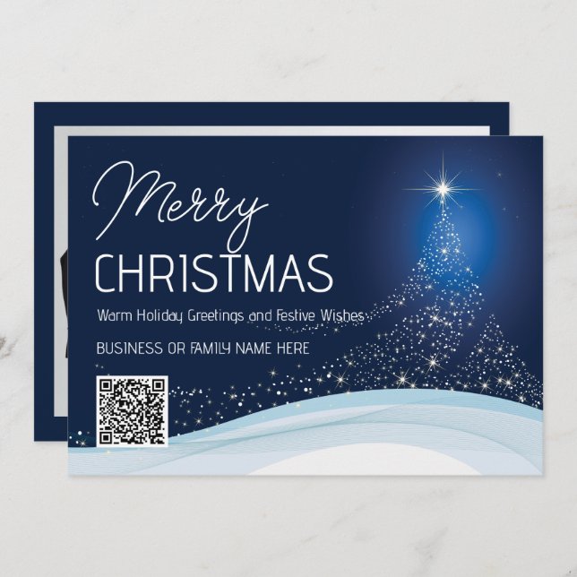 Minimalist blue white Christmas tree business logo Holiday Card (Front/Back)