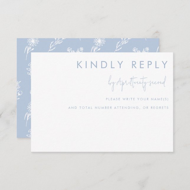 Minimalist Blue White Floral Modern Wedding Reply RSVP Card (Front/Back)