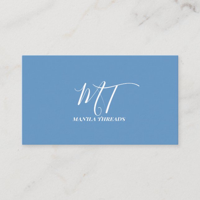 Minimalist Blue & White Monogram Script Business C Card (Front)