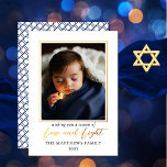 Minimalist Blue White Photo Love | Light Hanukkah<br><div class="desc">Your single photo brings this minimalist gold foil "Love and Light" Hanukkah design to life,  creating a keepsake for your recipients that they can cherish for years to come.  The back features a simple overlapping square pattern in coordinating blue and white.  Composite design by Holiday Hearts Designs.</div>