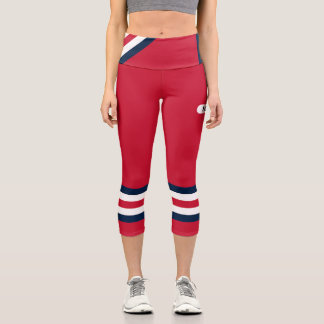 Minimalist, Blue White Retro Stripes on Red Capri Leggings