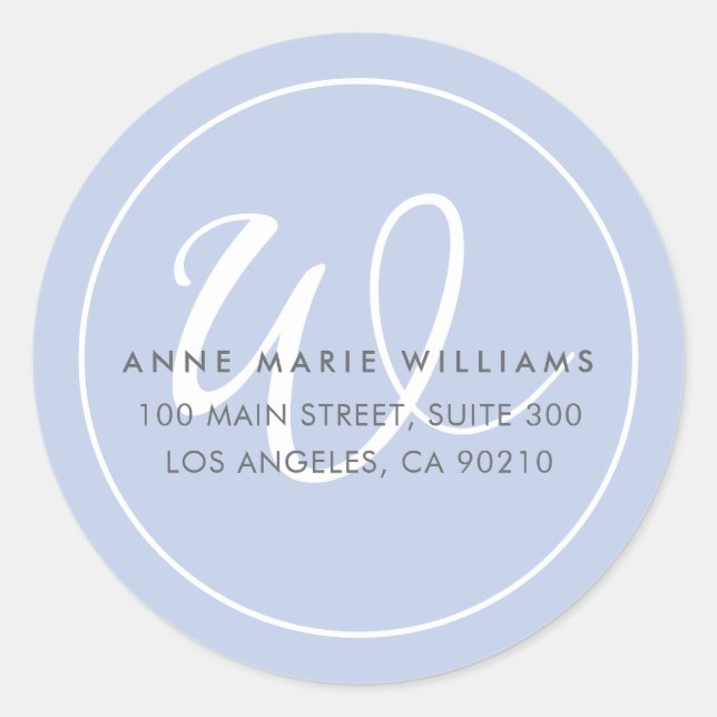 Minimalist Blue White Script Border Monogram Classic Round Sticker (Front)