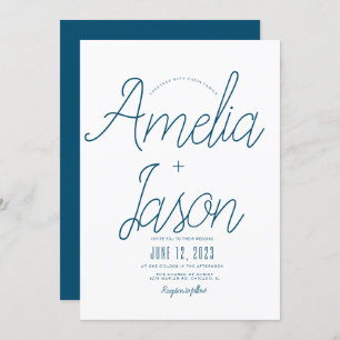 Minimalist Blue +  White Script Type Wedding Invitation