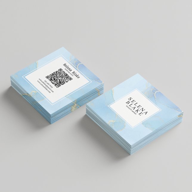 Minimalist Blue & White Square Style + QR Code Square Business Card (Creator Uploaded)