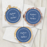 Minimalist Blue White Wedding Bride Groom Favour Classic Round Sticker<br><div class="desc">Simple, minimalist and chic Wedding design features bride & groom's names in a modern design with a double framed border in white on a classic blue background. The modern design is simple and chic. Personalise wedding details with your names in crisp white script. Be sure to see the collection link...</div>
