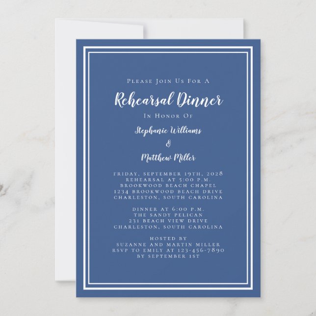 Minimalist Blue White Wedding Rehearsal Dinner Invitation (Front)