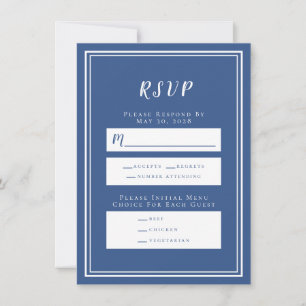 Minimalist Blue & White Wedding RSVP Menu Card