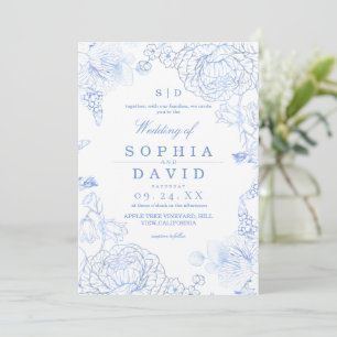 Minimalist Blue WildFlower Rustic Wedding  Invitation
