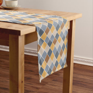 Minimalist Blue Yellow Shades Check Pattern Short Table Runner