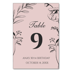 Minimalist Blush and Charcoal Floral 30th Birthday Table Number