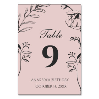 Minimalist Blush and Charcoal Floral 30th Birthday Table Number