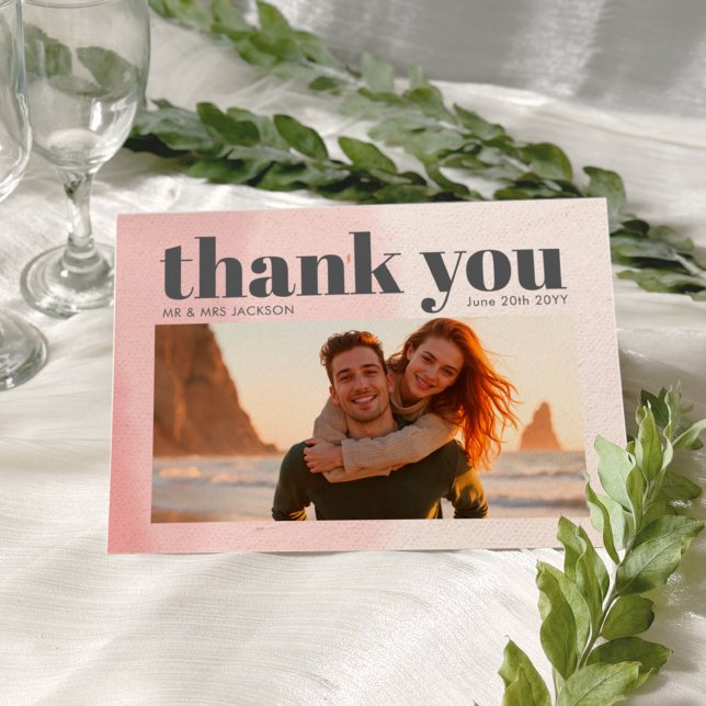 Minimalist Blush & Bloom Bold Script Photo Wedding Thank You Card (Creator Uploaded)