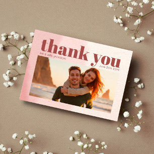 Minimalist Blush & Bloom Bold Script Photo Wedding Thank You Card