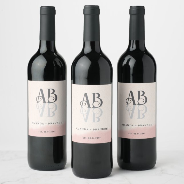 Minimalist Blush & Bold Script Monogram Wedding Wine Label (Bottles)