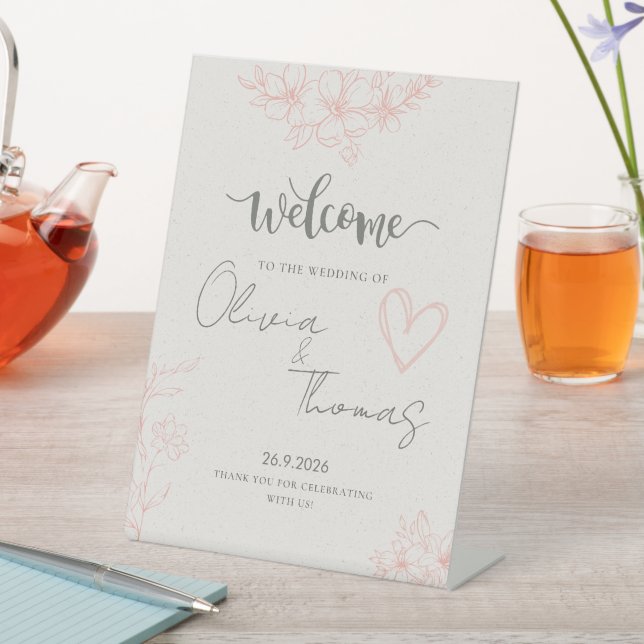 Minimalist Blush Floral Wedding Welcome Table Sign (In SItu)