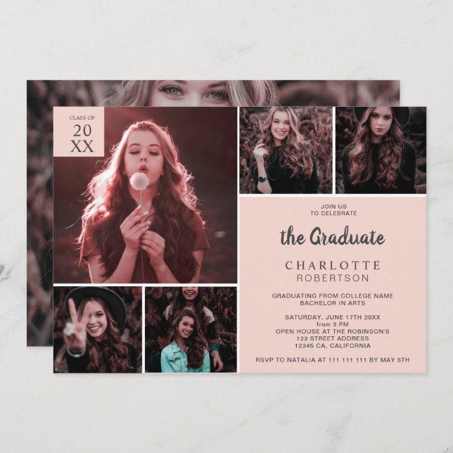 Minimalist blush pink 6 photos collage graduation invitation (Front/Back)