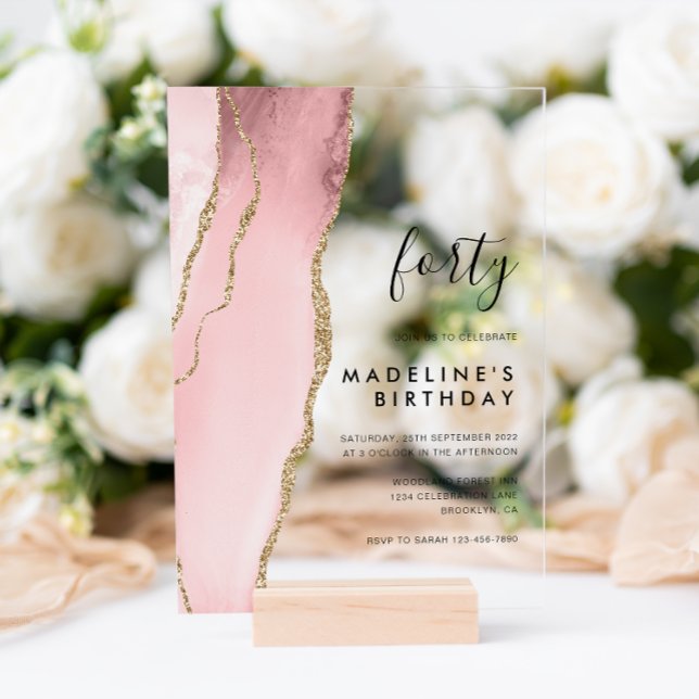 Minimalist Blush Pink Agate Geode 40th Birthday Acrylic Invitations (Creator Uploaded)